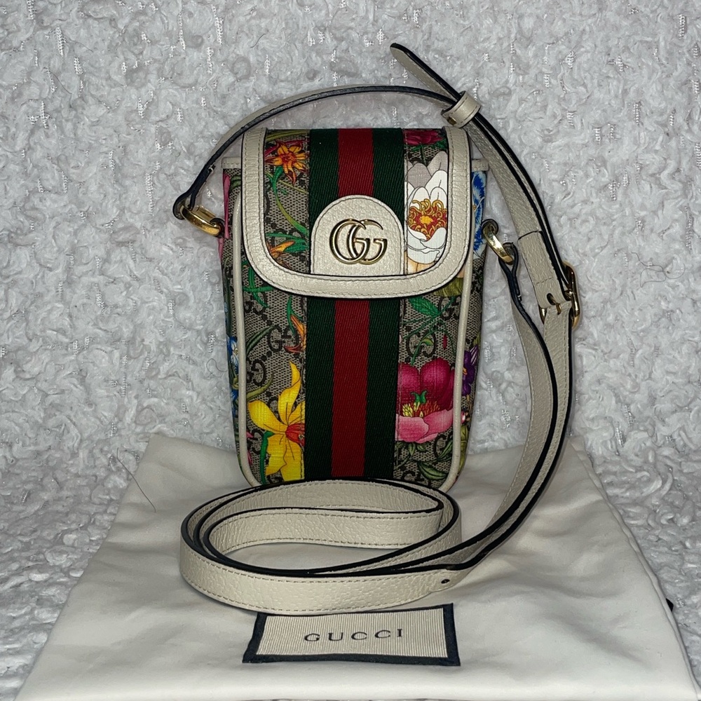 Gucci GG Supreme Flora Ophidia Web Stripe Phone Crossbody Shoulder Bag Purse